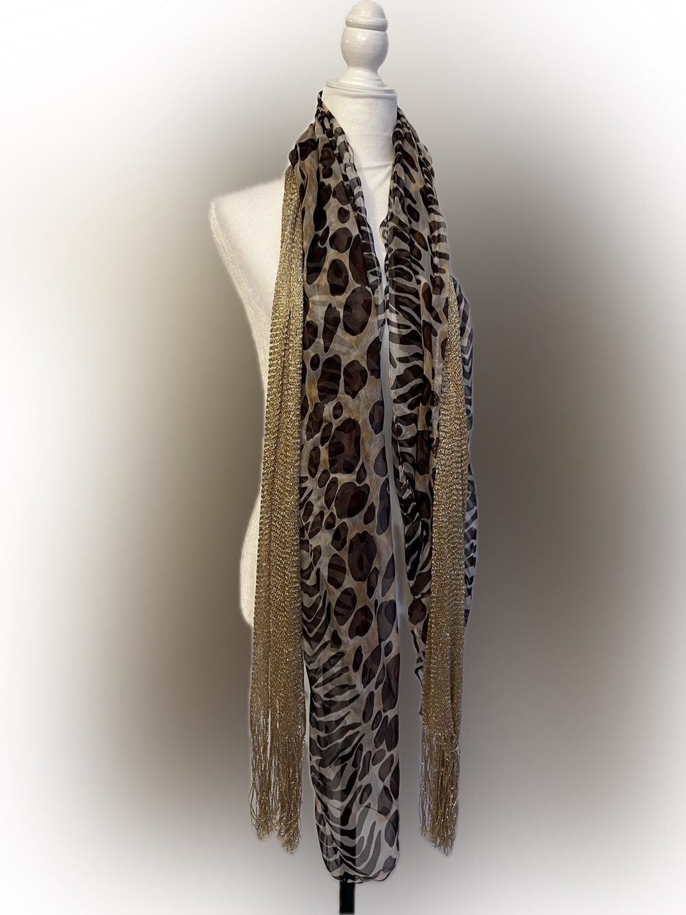 2 Scarves - Animal Print Scarf & Gold Fringe